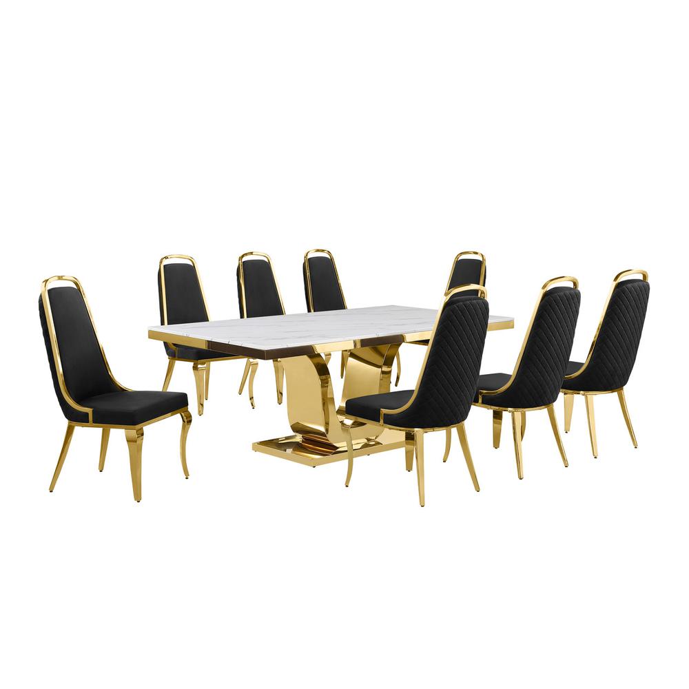 9pc Large(78") marble top dining set with gold base and 8 Black side chairs