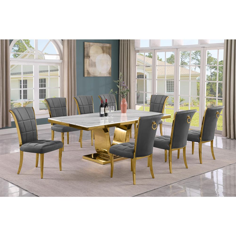 9pc Large(78") marble top dining set with gold base and 8 Dark grey side chairs