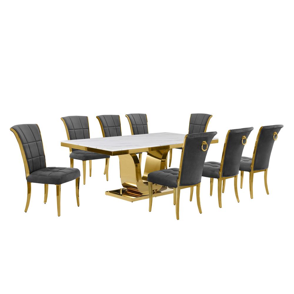 9pc Large(78") marble top dining set with gold base and 8 Dark grey side chairs