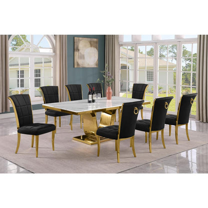 9pc Large(78") marble top dining set with gold base and 8 Black side chairs