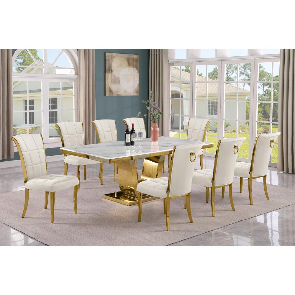9pc Large(78") marble top dining set with gold base and 8 Cream side chairs