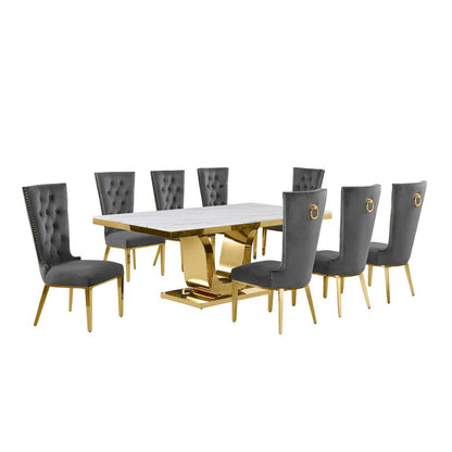 9pc Large(78") marble top dining set with gold base and 8 Dark grey side chairs
