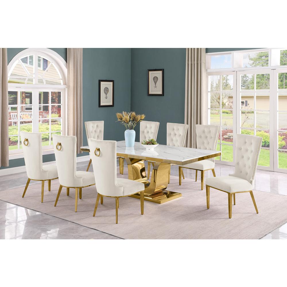 9pc Large(78") marble top dining set with gold base and 8 Cream side chairs