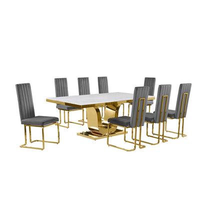 9pc Large(78") marble top dining set with gold base and 8 Dark grey side chairs