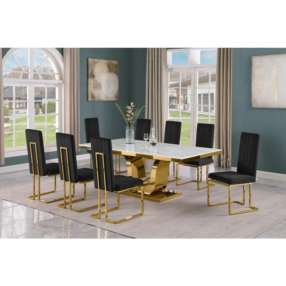 9pc Large(78") marble top dining set with gold base and 8 Black side chairs