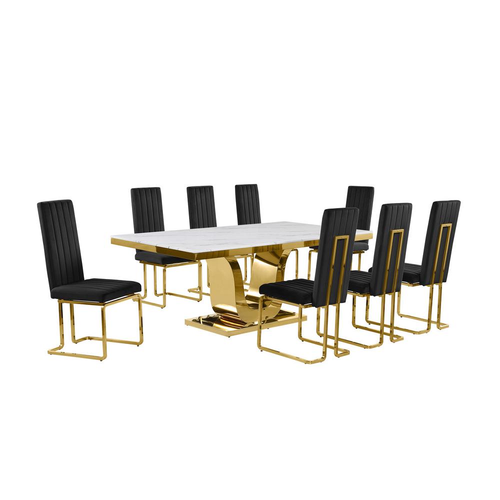 9pc Large(78") marble top dining set with gold base and 8 Black side chairs
