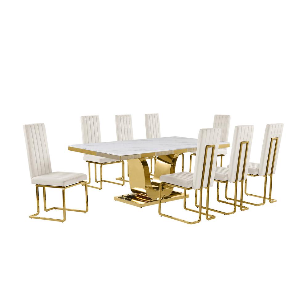 9pc Large(78") marble top dining set with gold base and 8 Cream side chairs