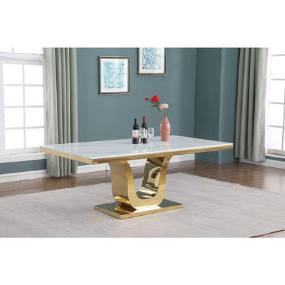 78" Rectangular marble dining table with a gold color stainless steel base