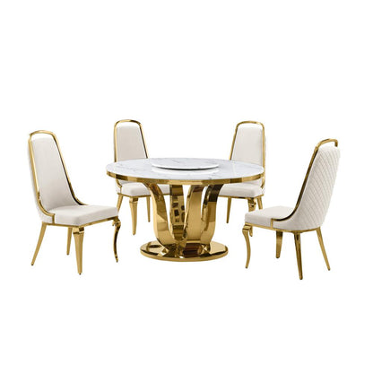 5pc White marble round dining set with gold base and 4 Cream side chairs