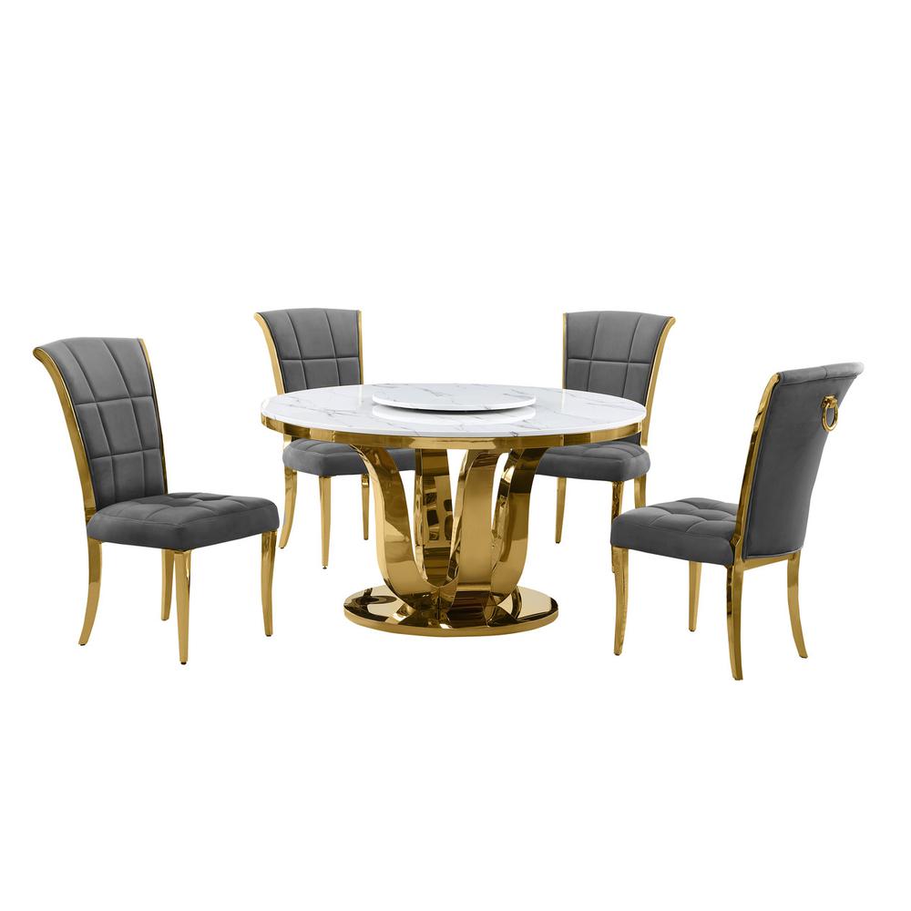5pc White marble round dining set with gold base and 4 Dark Grey side chairs