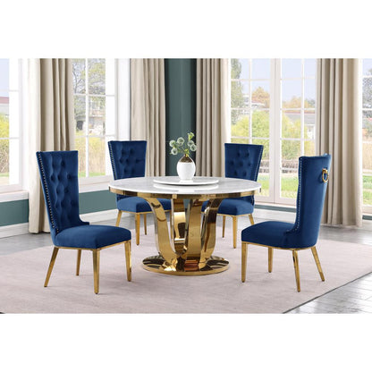 5pc White marble round dining set with gold base and 4 Navy blue side chairs