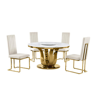 5pc White marble round dining set with gold base and 4 Cream side chairs