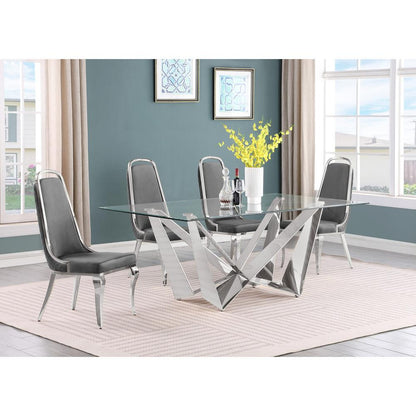 5pc Small(78") glass dining set with silver base and 6 Dark grey side chairs