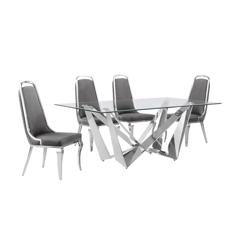 5pc Small(78") glass dining set with silver base and 6 Dark grey side chairs