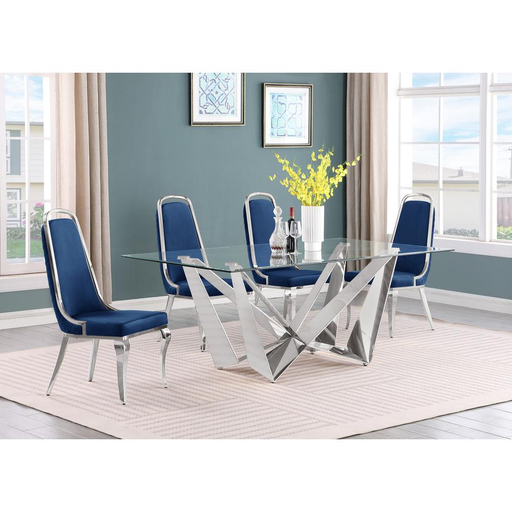 5pc Small(78") glass dining set with silver base and 6 Navy blue side chairs