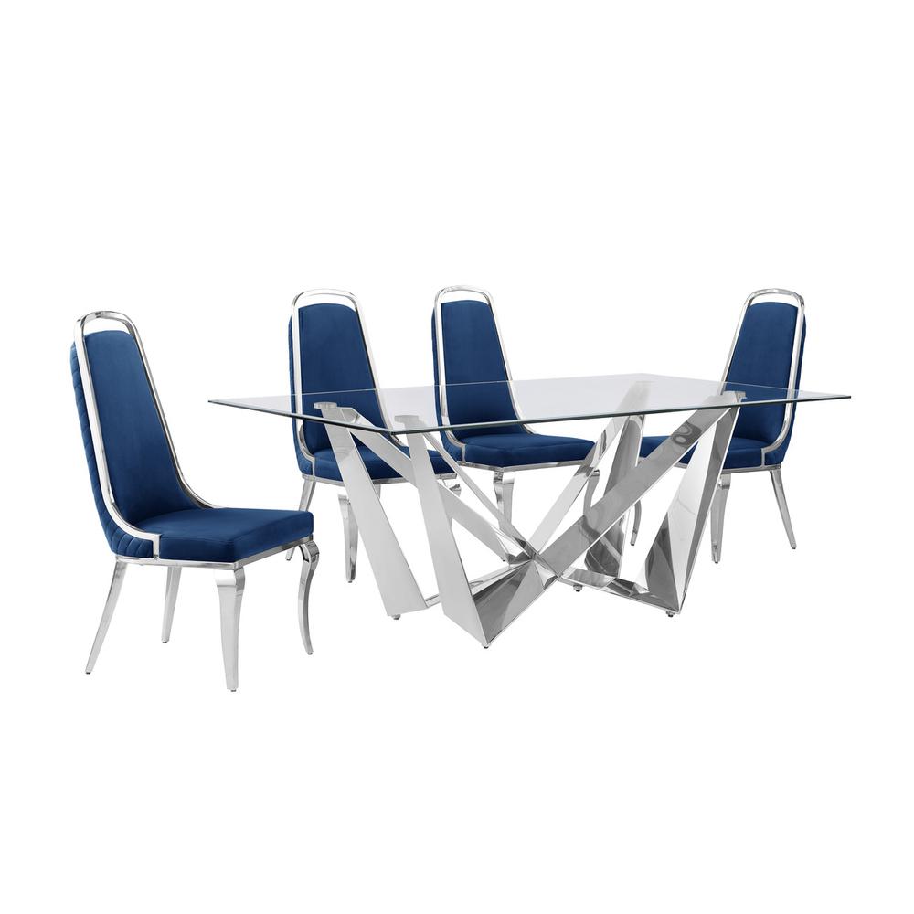 5pc Small(78") glass dining set with silver base and 6 Navy blue side chairs