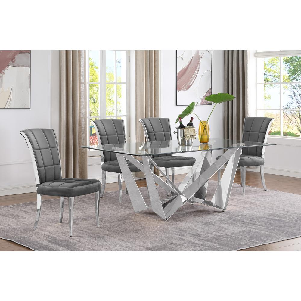 5pc Small(78") glass dining set with silver base and 4 Dark grey side chairs
