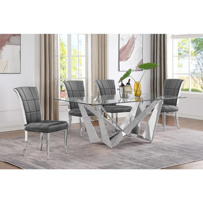 5pc Small(78") glass dining set with silver base and 4 Dark grey side chairs