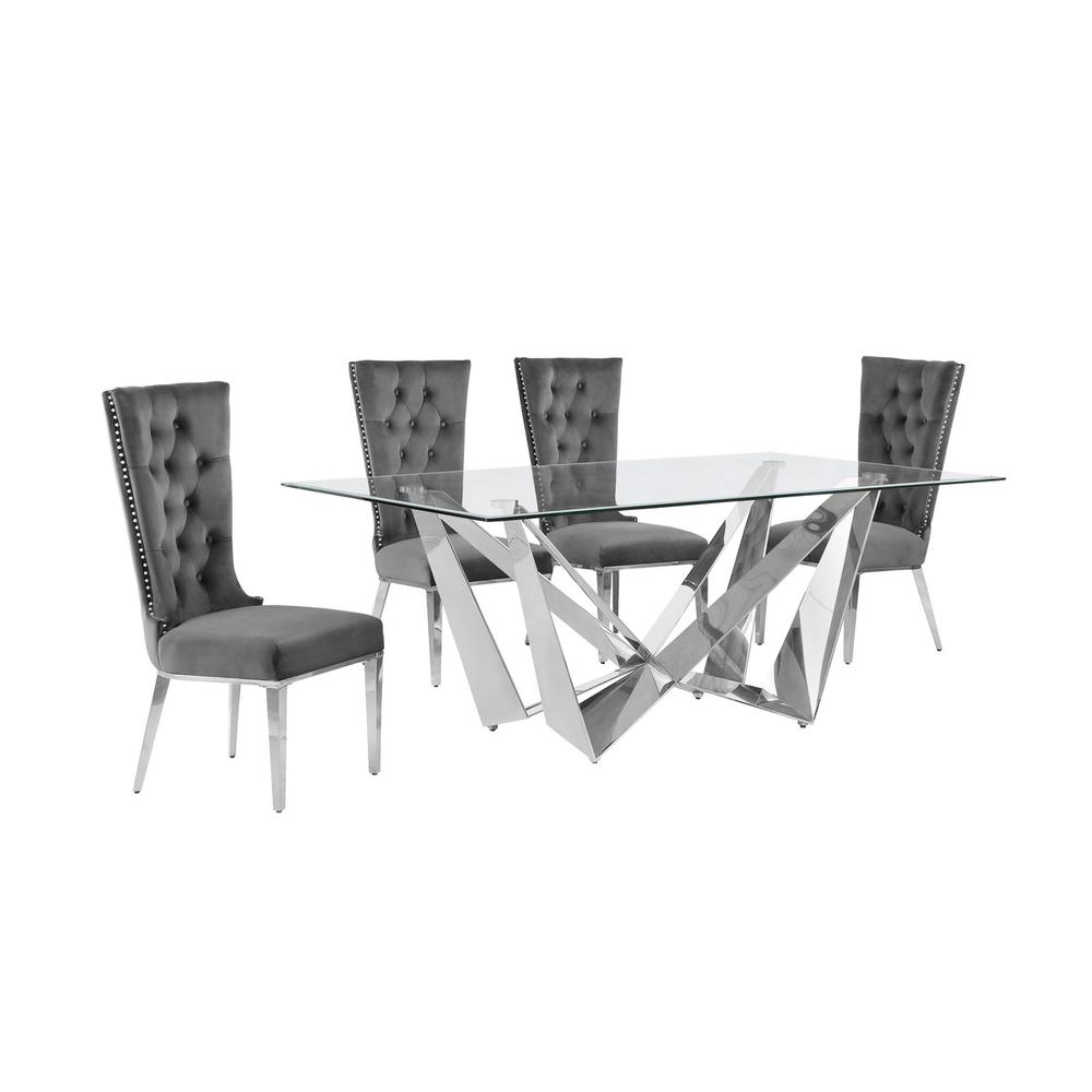 5pc Small(78") glass dining set with silver base and 4 Dark grey side chairs