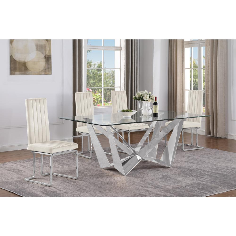 5pc Small(78") glass dining set with silver base and 4 Cream side chairs