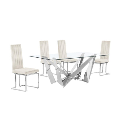 5pc Small(78") glass dining set with silver base and 4 Cream side chairs