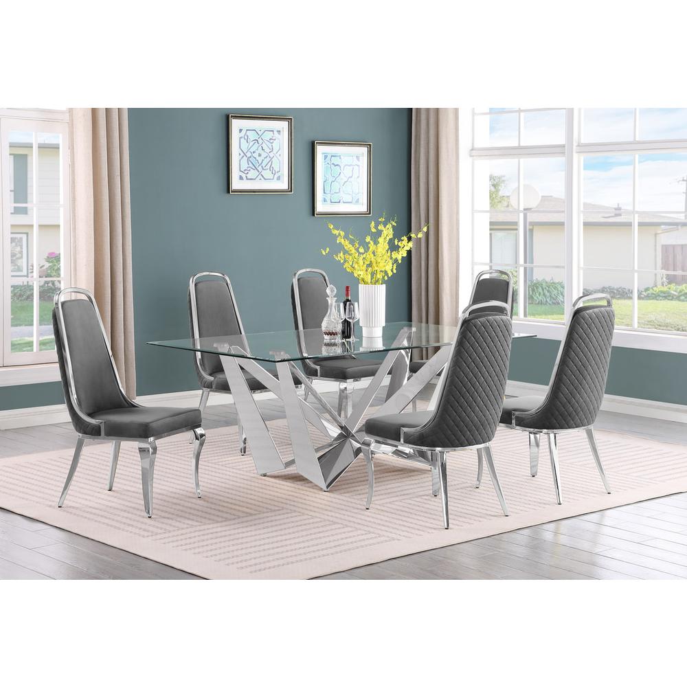 7pc Small(78") glass dining set with silver base and 6 Dark grey side chairs
