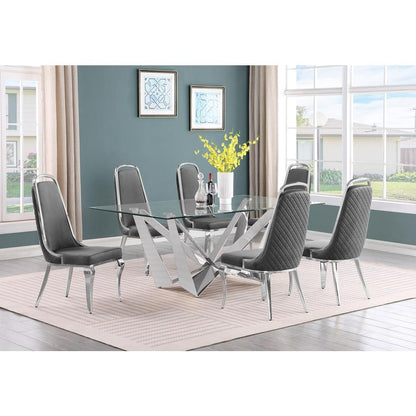 7pc Small(78") glass dining set with silver base and 6 Dark grey side chairs