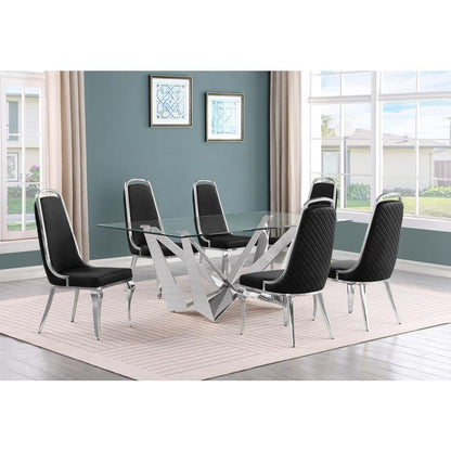 7pc Small(78") glass dining set with silver base and 6 Black side chairs