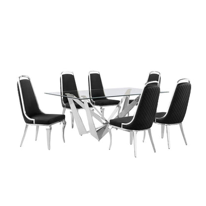 7pc Small(78") glass dining set with silver base and 6 Black side chairs