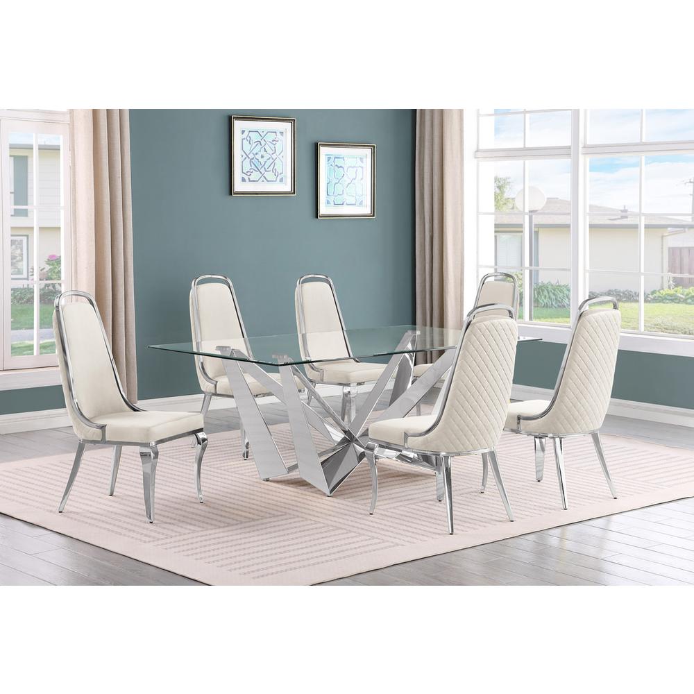 7pc Small(78") glass dining set with silver base and 6 Cream side chairs