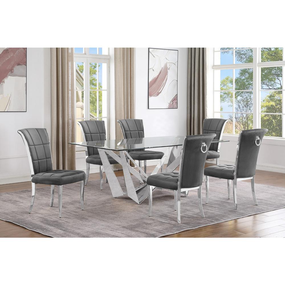 7pc Small(78") glass dining set with silver base and 6 Dark grey side chairs