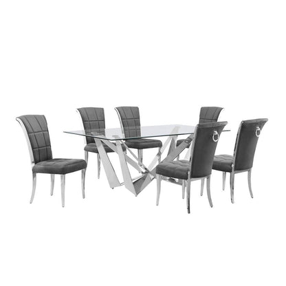 7pc Small(78") glass dining set with silver base and 6 Dark grey side chairs
