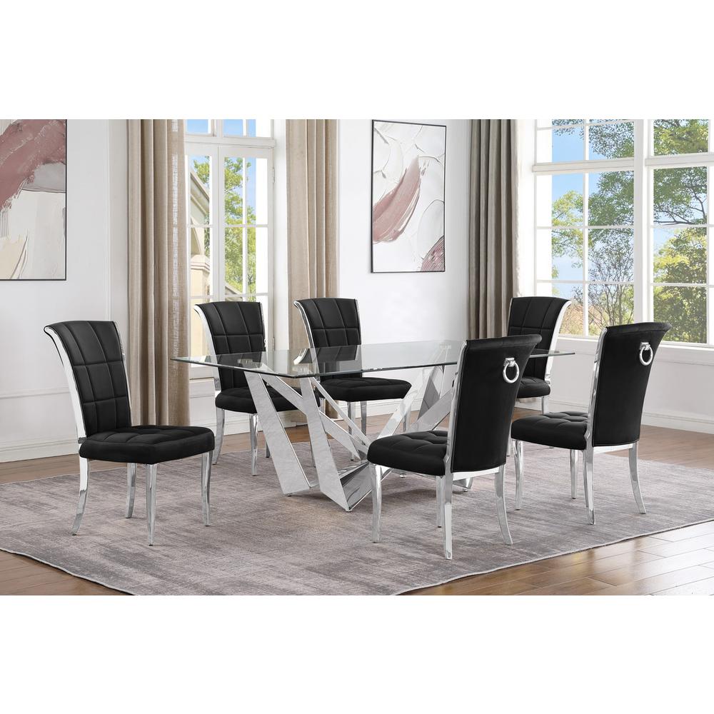 7pc Small(78") glass dining set with silver base and 6 Black side chairs