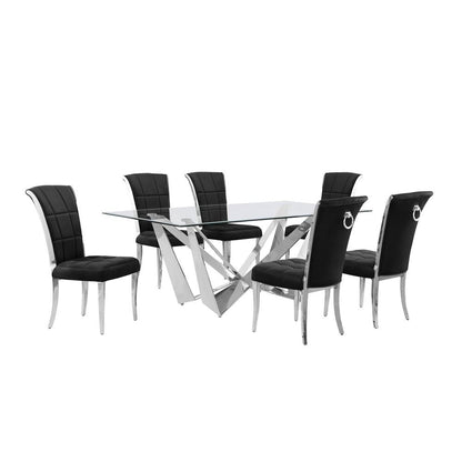 7pc Small(78") glass dining set with silver base and 6 Black side chairs