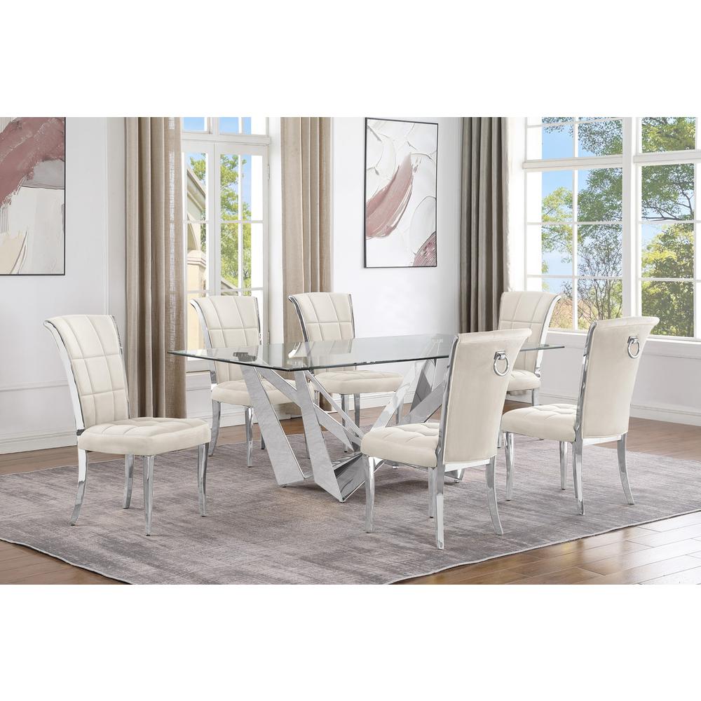 7pc Small(78") glass dining set with silver base and 6 Cream side chairs
