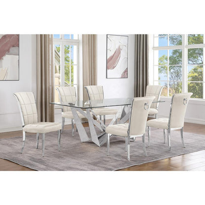 7pc Small(78") glass dining set with silver base and 6 Cream side chairs