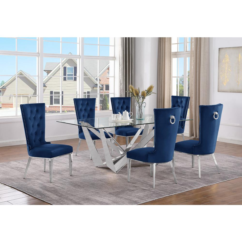 7pc Small(78") glass dining set with silver base and 6 Navy blue side chairs