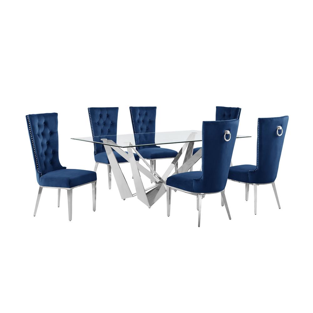 7pc Small(78") glass dining set with silver base and 6 Navy blue side chairs