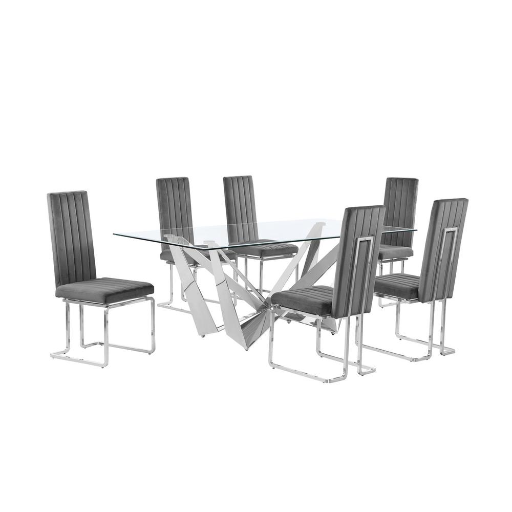 7pc Small(78") glass dining set with silver base and 6 Dark grey side chairs