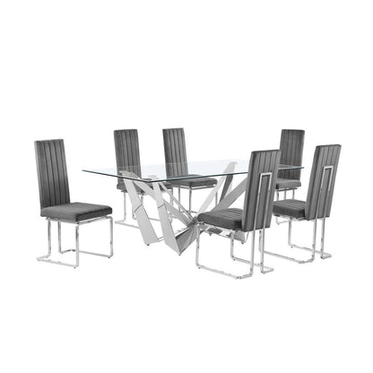 7pc Small(78") glass dining set with silver base and 6 Dark grey side chairs