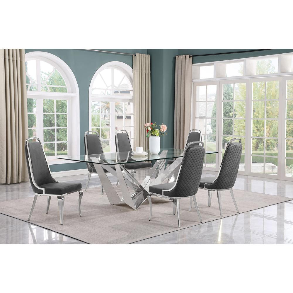 7pc Large(94") glass top dining set with silver base and 6 Dark grey side chairs