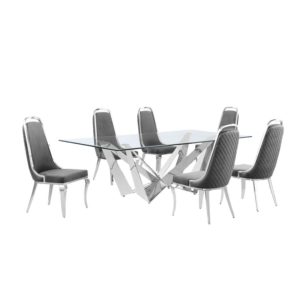 7pc Large(94") glass top dining set with silver base and 6 Dark grey side chairs