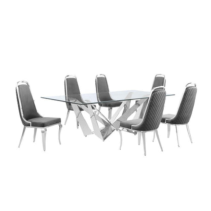 7pc Large(94") glass top dining set with silver base and 6 Dark grey side chairs