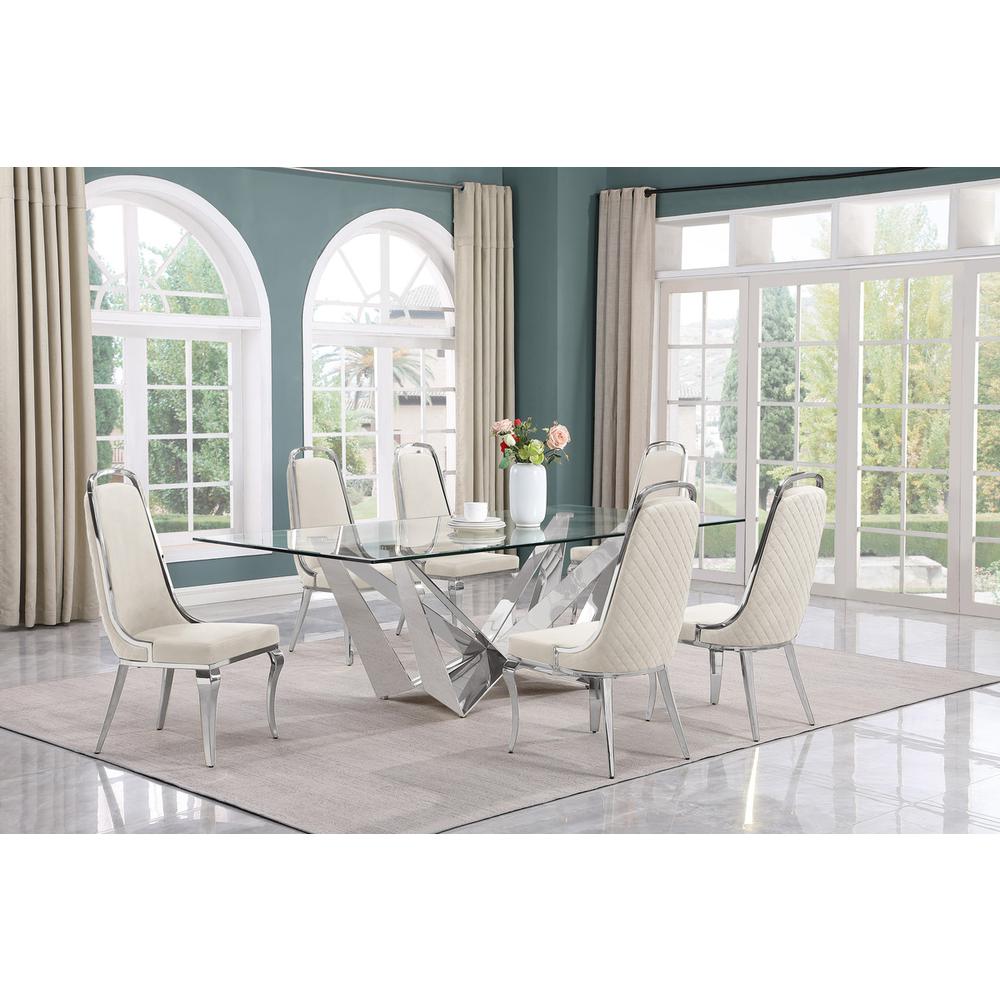 7pc Large(94") glass top dining set with silver base and 6 Cream side chairs