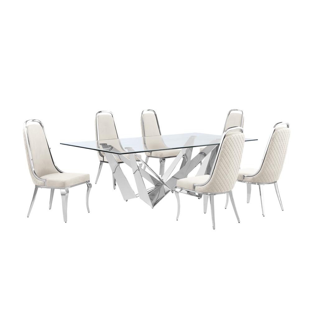7pc Large(94") glass top dining set with silver base and 6 Cream side chairs