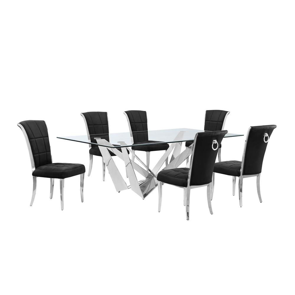 7pc Large(94") glass dining set with silver base and 6 Black side chairs