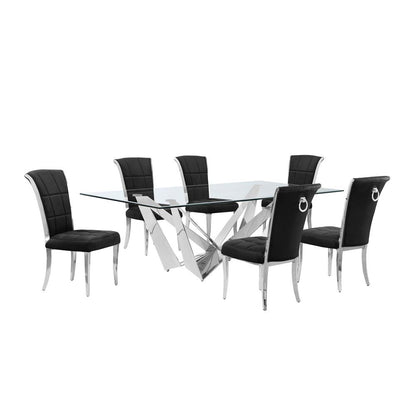 7pc Large(94") glass dining set with silver base and 6 Black side chairs