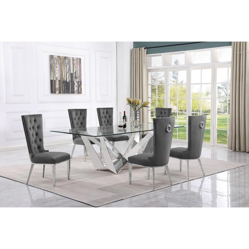 7pc Large(94") glass top dining set with silver base and 6 Dark grey side chairs