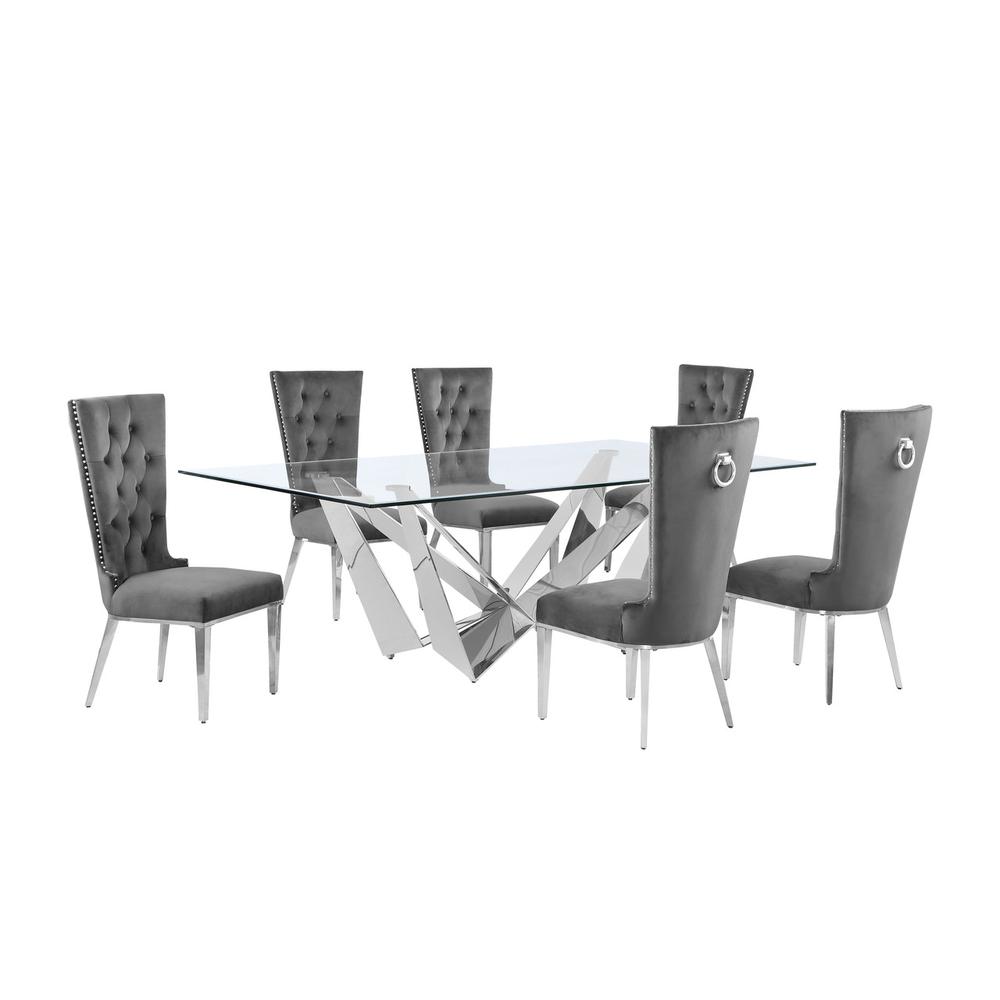7pc Large(94") glass top dining set with silver base and 6 Dark grey side chairs