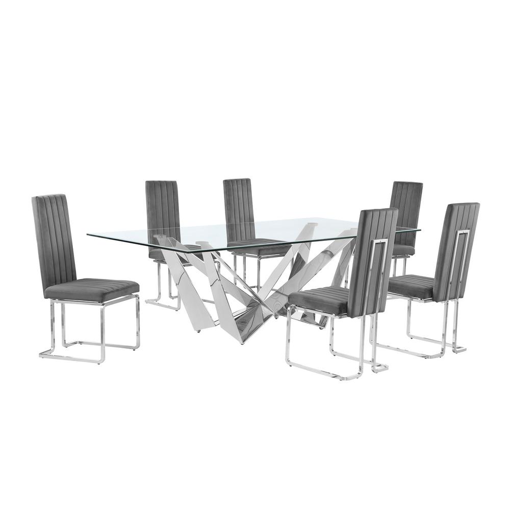 7pc Large(94") glass top dining set with silver base and 6 Dark grey side chairs